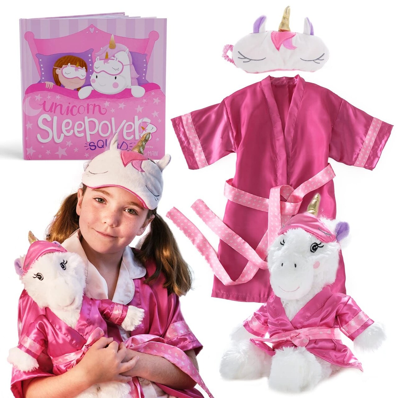 Tickle & Main 4 Pieces Unicorn Gift Sets for Girls Age 3 or Up, with Pink Robe, Sleeping Mask, Animal Plushie Toy and Storybook Set